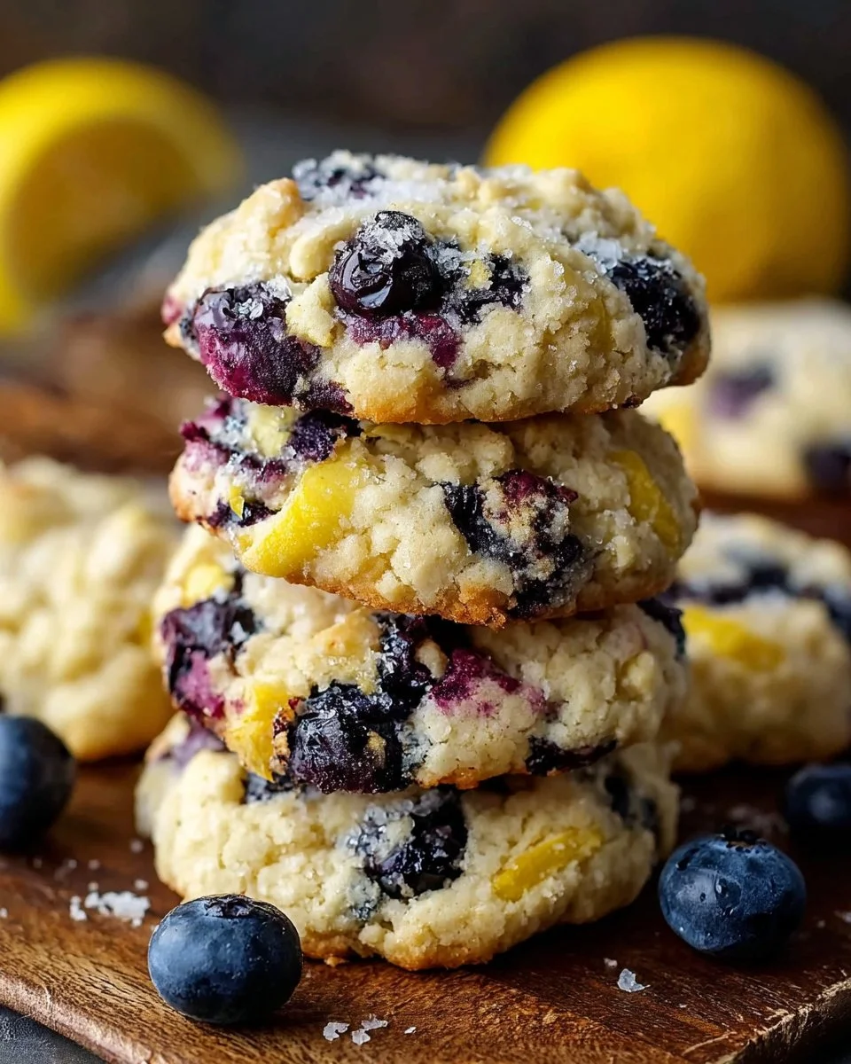 Delicious lemon blueberry cheesecake cookies on a wooden table.