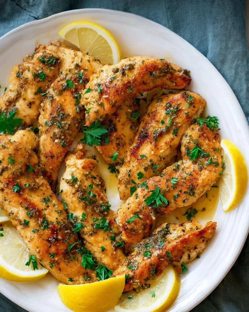 Lemon Butter Chicken Tenders served with a side of vegetables