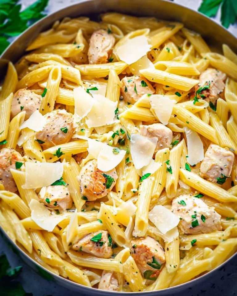 Lemon Butter Garlic Chicken Pasta garnished with herbs in a bowl.