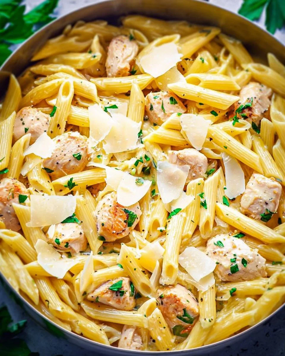 Lemon Butter Garlic Chicken Pasta garnished with herbs in a bowl.