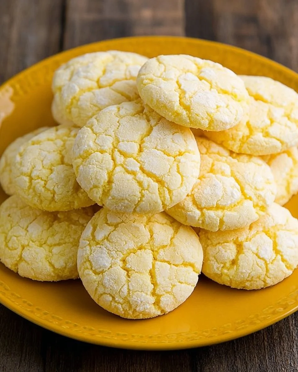 Plate of freshly baked Lemon Crinkle Cookies with powdered sugar on top