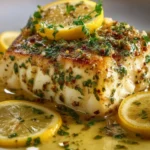 Lemon Herb Butter Halibut garnished with fresh herbs and lemon slices