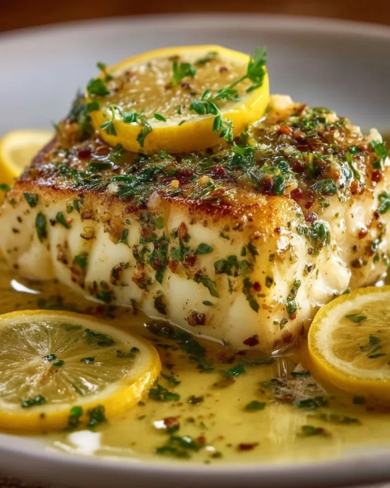 Lemon Herb Butter Halibut garnished with fresh herbs and lemon slices