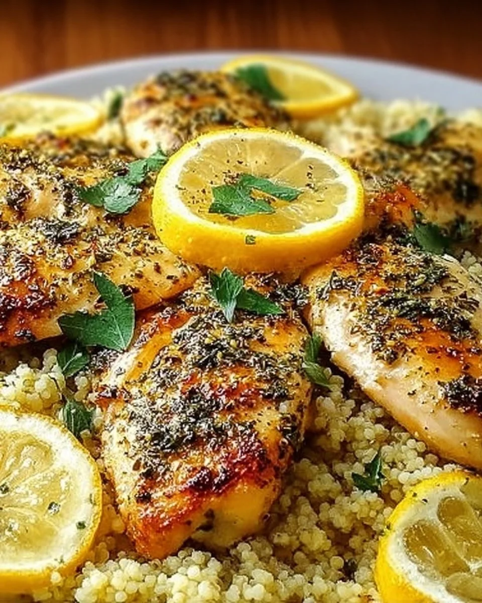 Plate of Lemon Herb Couscous Chicken garnished with fresh herbs and lemon slices