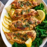 Lemon Pepper Chicken garnished with fresh herbs on a white plate