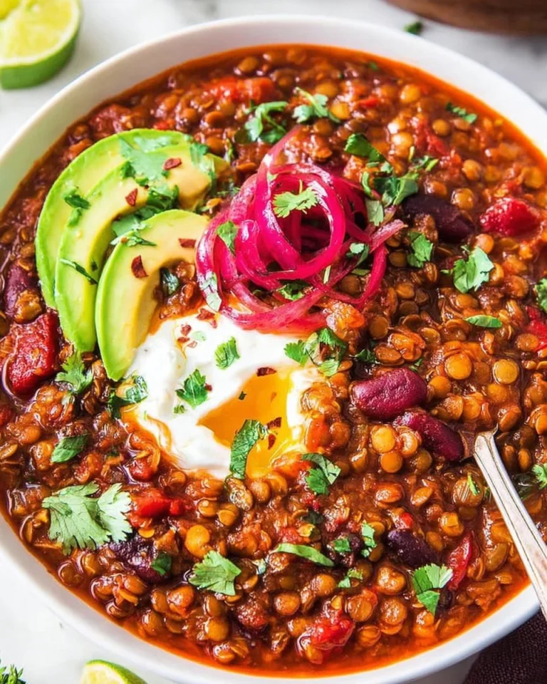 Warm and hearty Lentil Chili served in a bowl with herbs on top