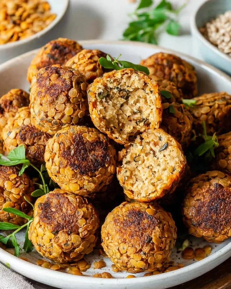 Bowl of homemade lentil meatballs with marinara sauce and herbs