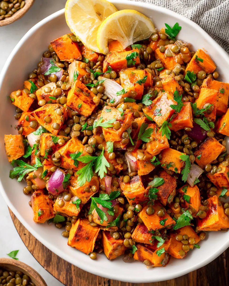 Colorful Lentil Sweet Potato Salad with fresh vegetables and dressing