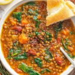 Bowl of hearty lentil vegetable soup with fresh ingredients