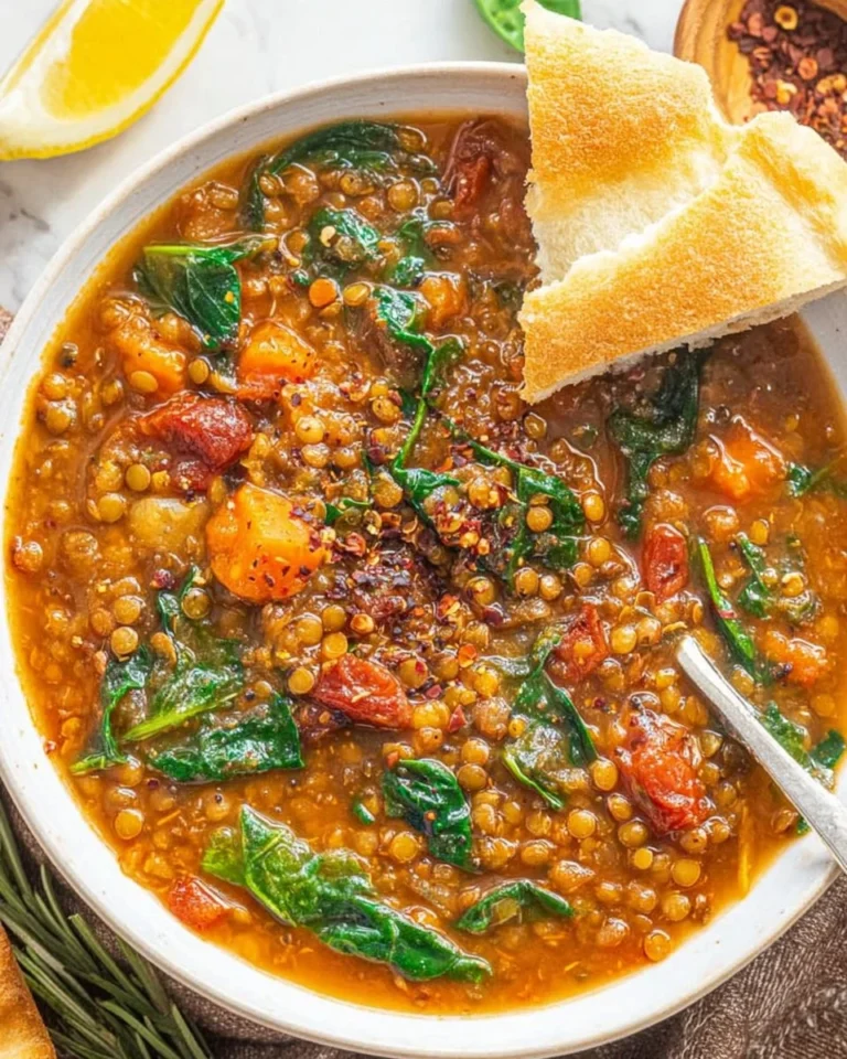 Bowl of hearty lentil vegetable soup with fresh ingredients