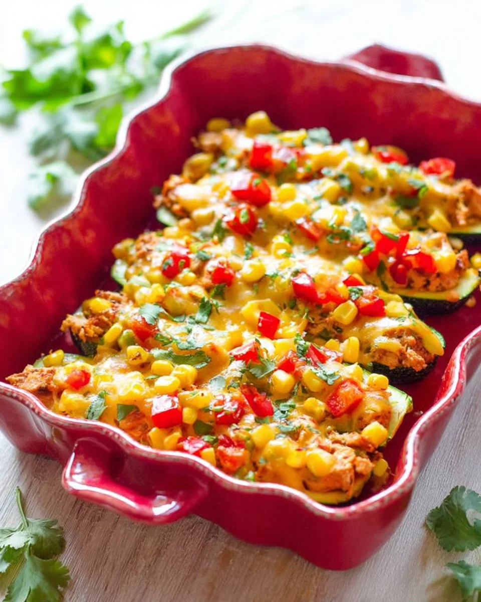 Loaded chicken enchilada zucchini boats topped with cheese and fresh ingredients