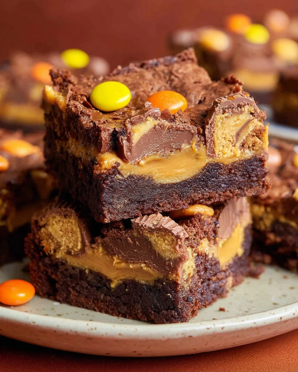 Delicious loaded peanut butter cup brownies topped with creamy peanut butter cups
