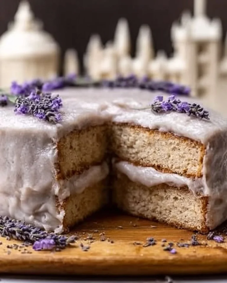 Slice of London Fog Cake with Earl Grey cream and lavender garnish.
