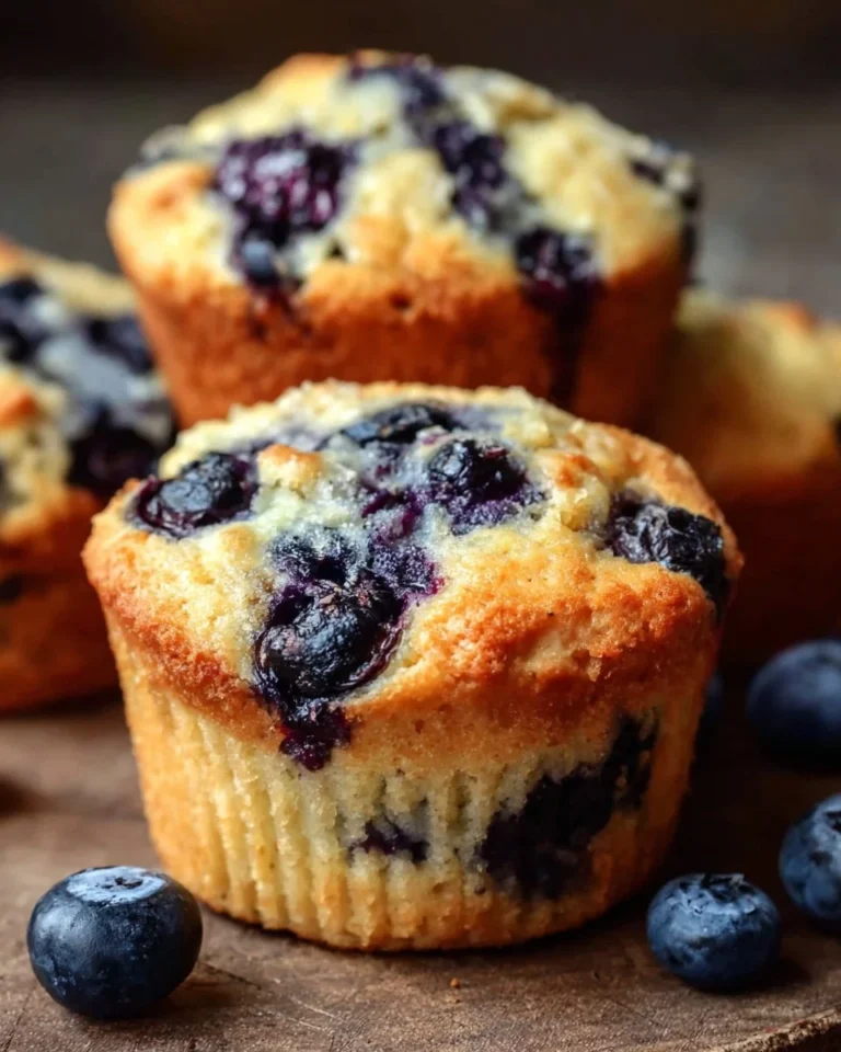 Low Carb Greek Yogurt Blueberry Muffins on a wooden table