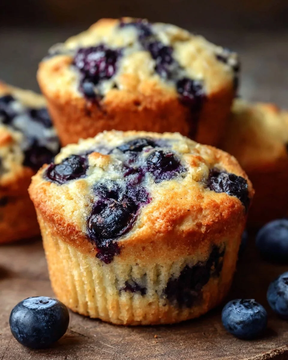 Low Carb Greek Yogurt Blueberry Muffins on a wooden table