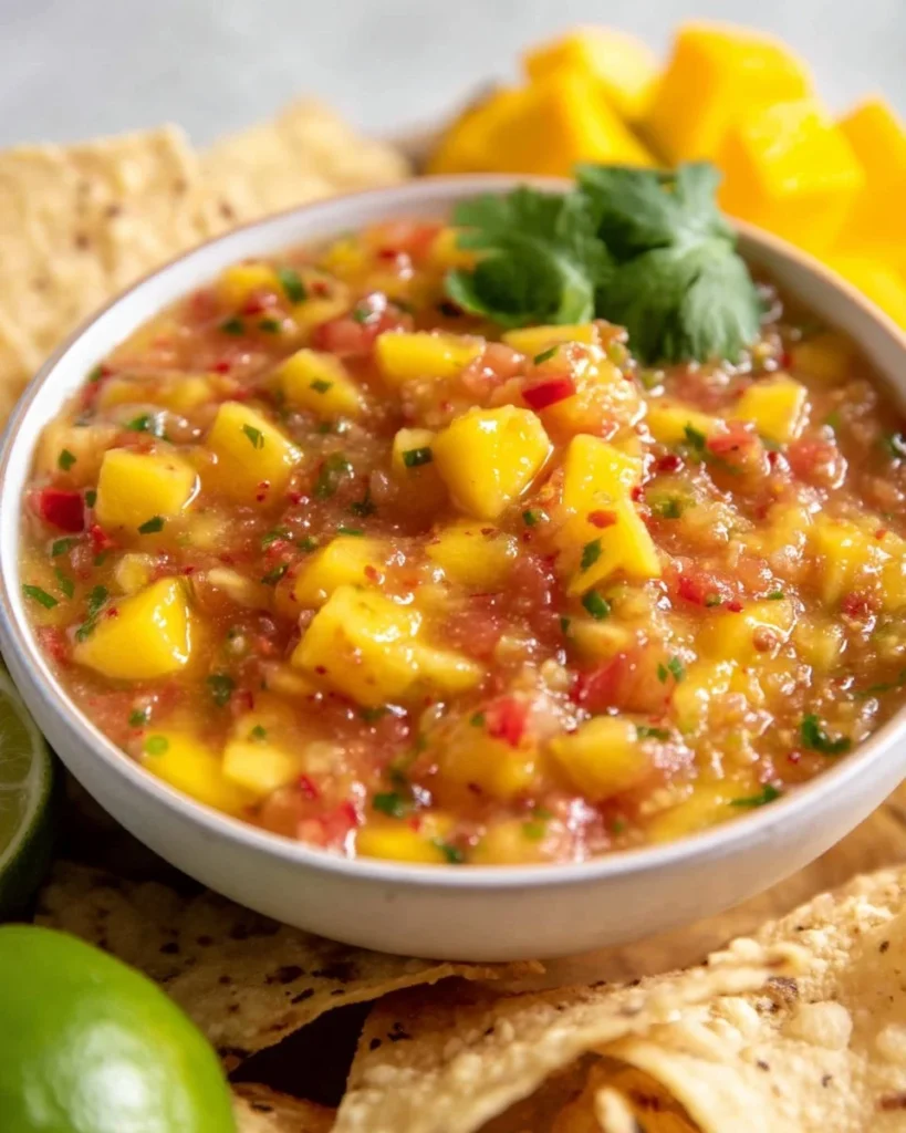 Bowl of vibrant Mango Habanero Salsa with fresh ingredients
