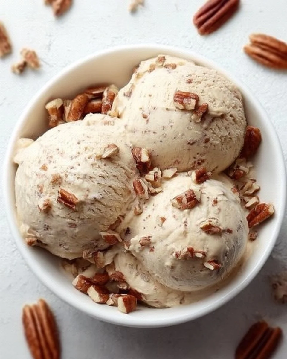 Delicious bowl of maple pecan ice cream topped with crunchy pecans.