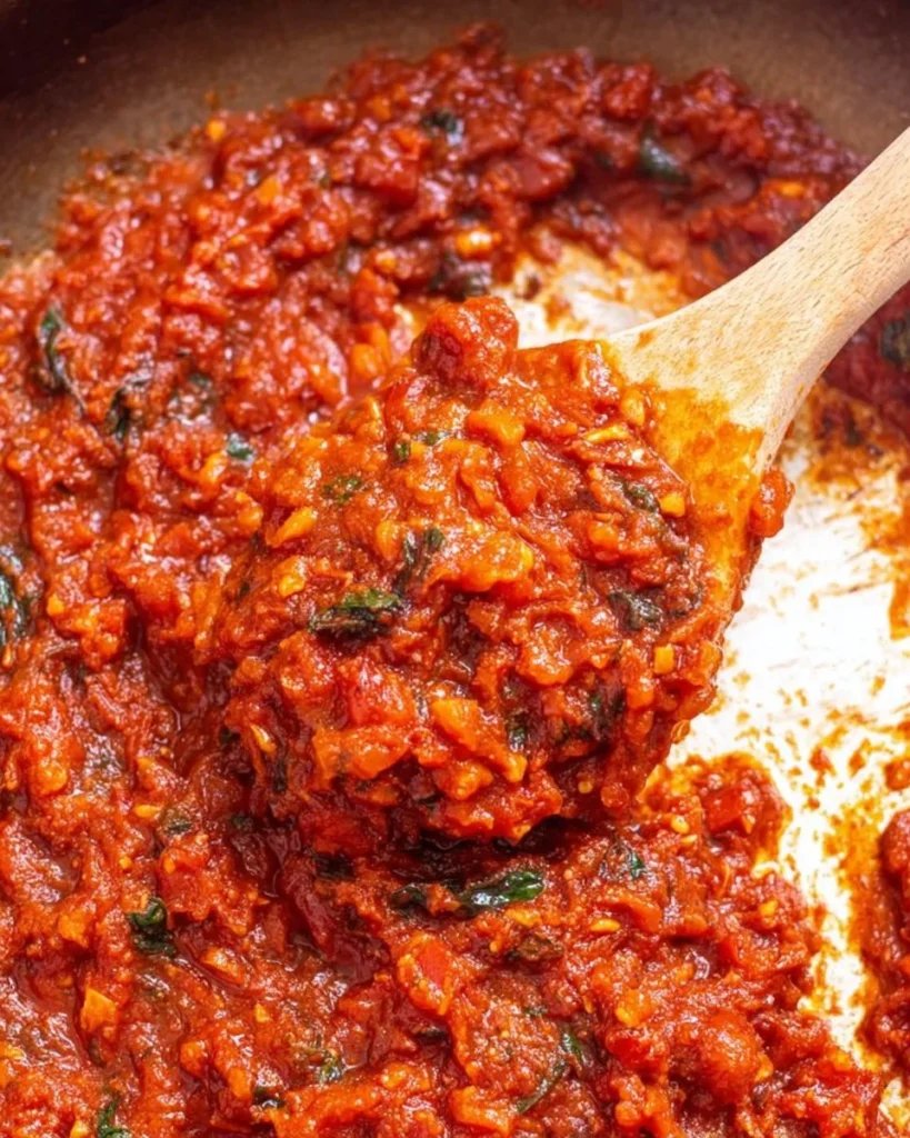 Homemade marinara sauce in a bowl with fresh basil and tomatoes