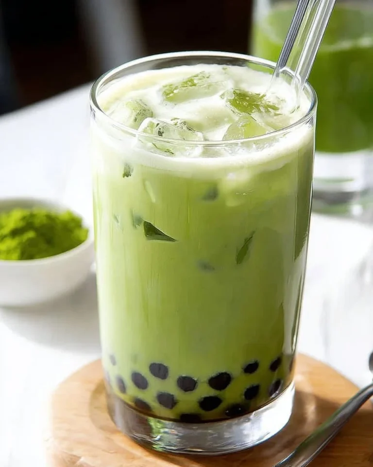 A refreshing cup of matcha milk tea, served hot and iced with vibrant green color.