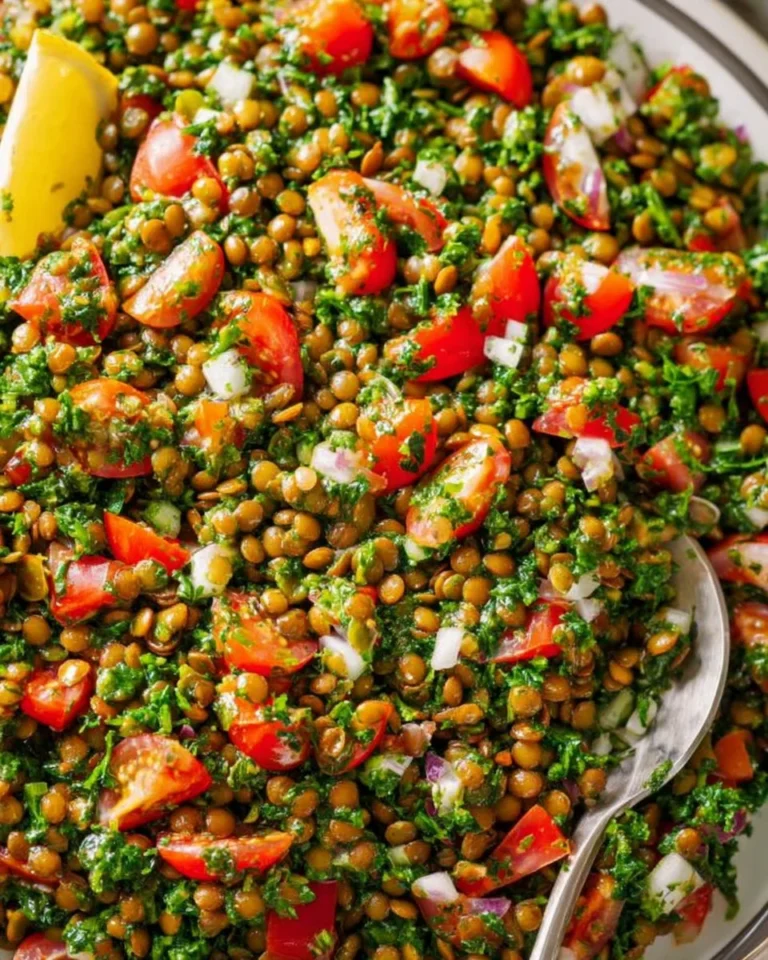 Mediterranean Chopped Lentil Salad with Lemon Dressing in a bowl