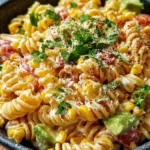 Mexican street corn pasta salad with fresh ingredients and vibrant colors