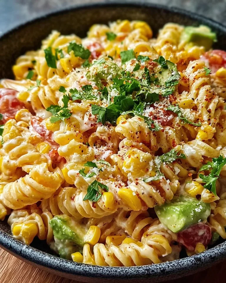 Mexican street corn pasta salad with fresh ingredients and vibrant colors