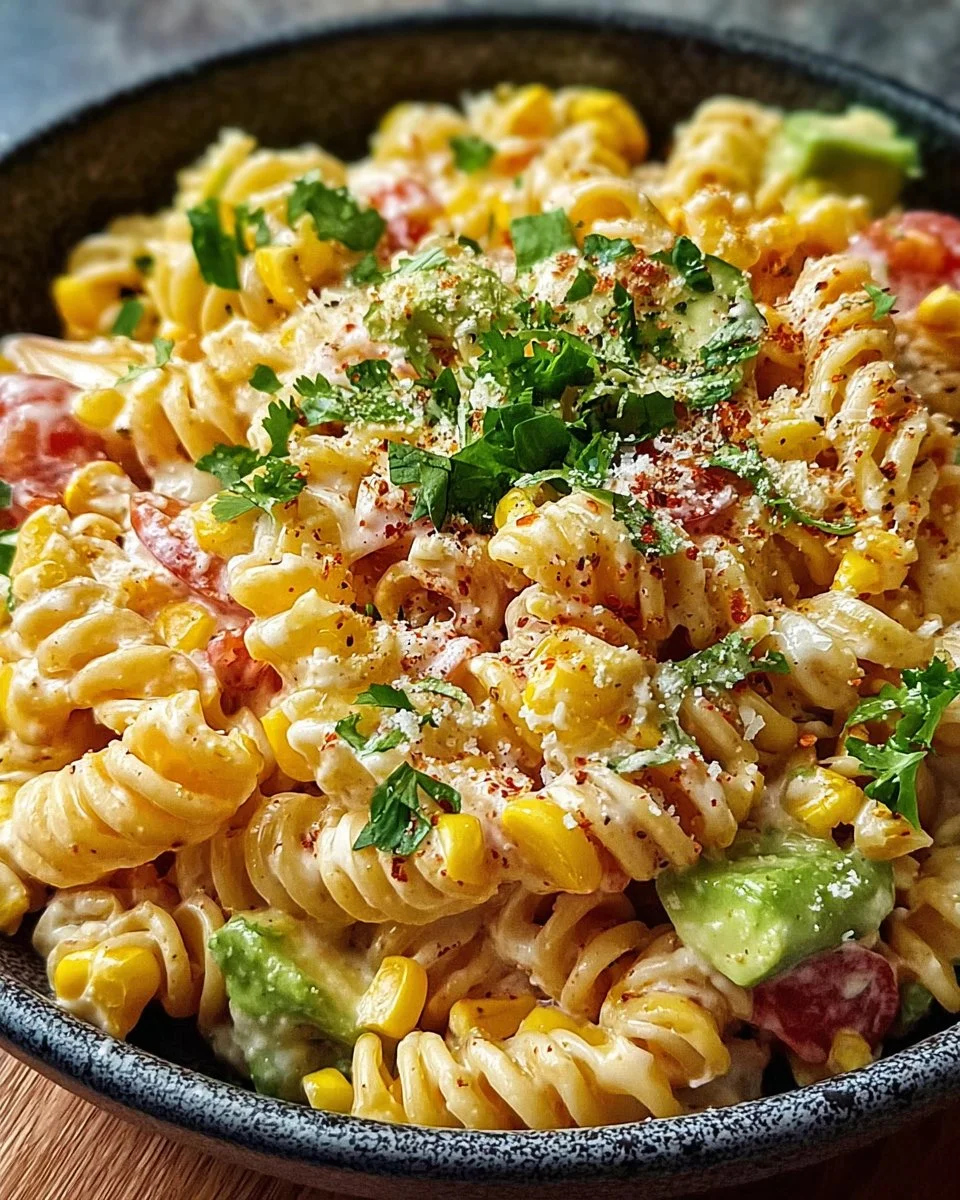 Mexican street corn pasta salad with fresh ingredients and vibrant colors