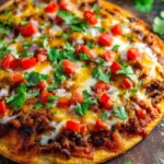 Delicious Mexican Taco Pizza with toppings like ground beef, cheese, and lettuce