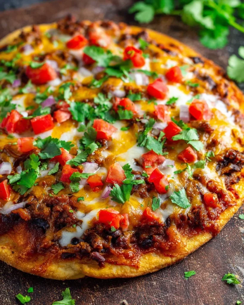 Delicious Mexican Taco Pizza with toppings like ground beef, cheese, and lettuce