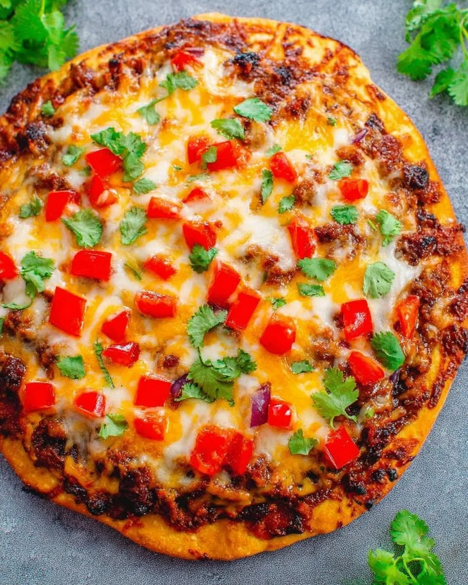 Delicious Mexican Taco Pizza topped with fresh ingredients and spices