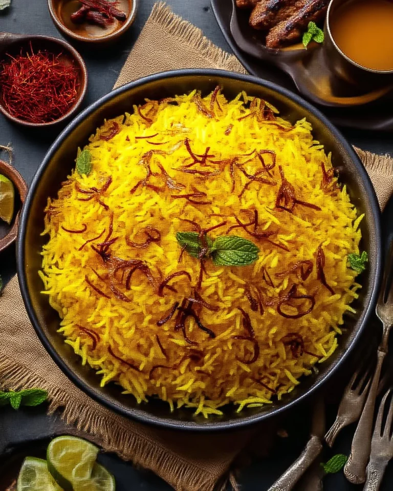Delicious plate of Middle Eastern saffron rice with basmati grains
