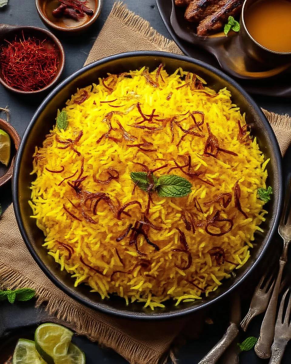 Delicious plate of Middle Eastern saffron rice with basmati grains