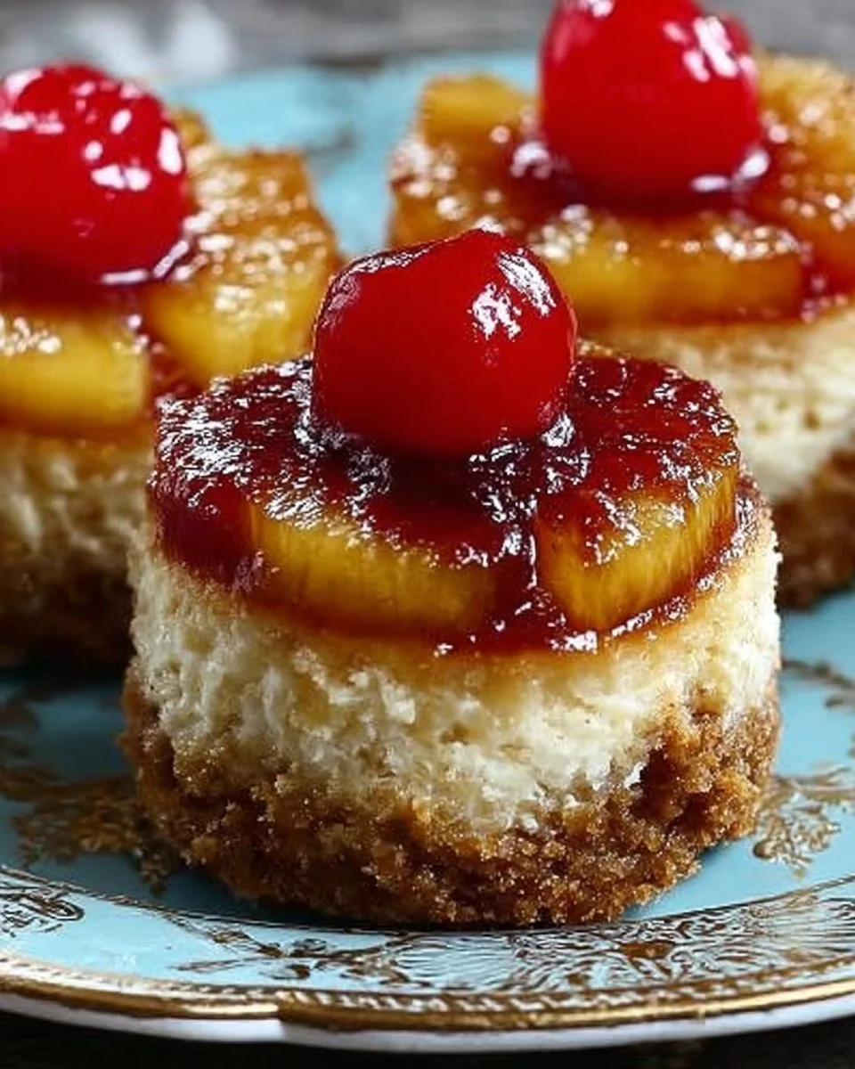 Mini pineapple upside down cheesecakes topped with pineapple slices and cherries