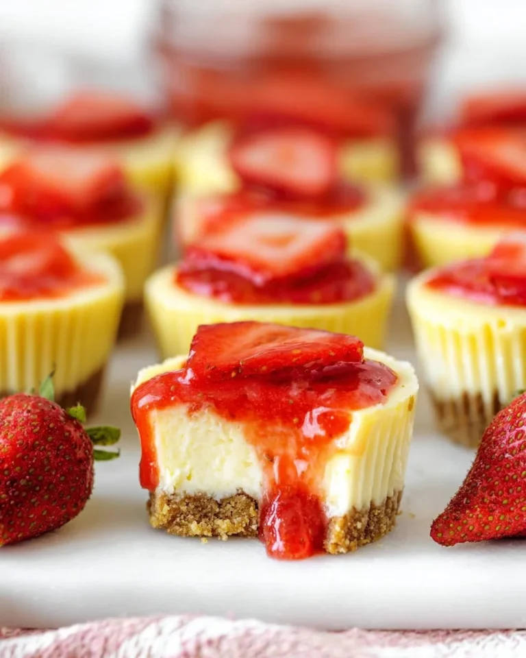 Mini strawberry cheesecakes topped with fresh strawberries and creamy filling