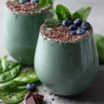 Mint Chip Spirulina Smoothie in a glass topped with mint leaves and chocolate chips