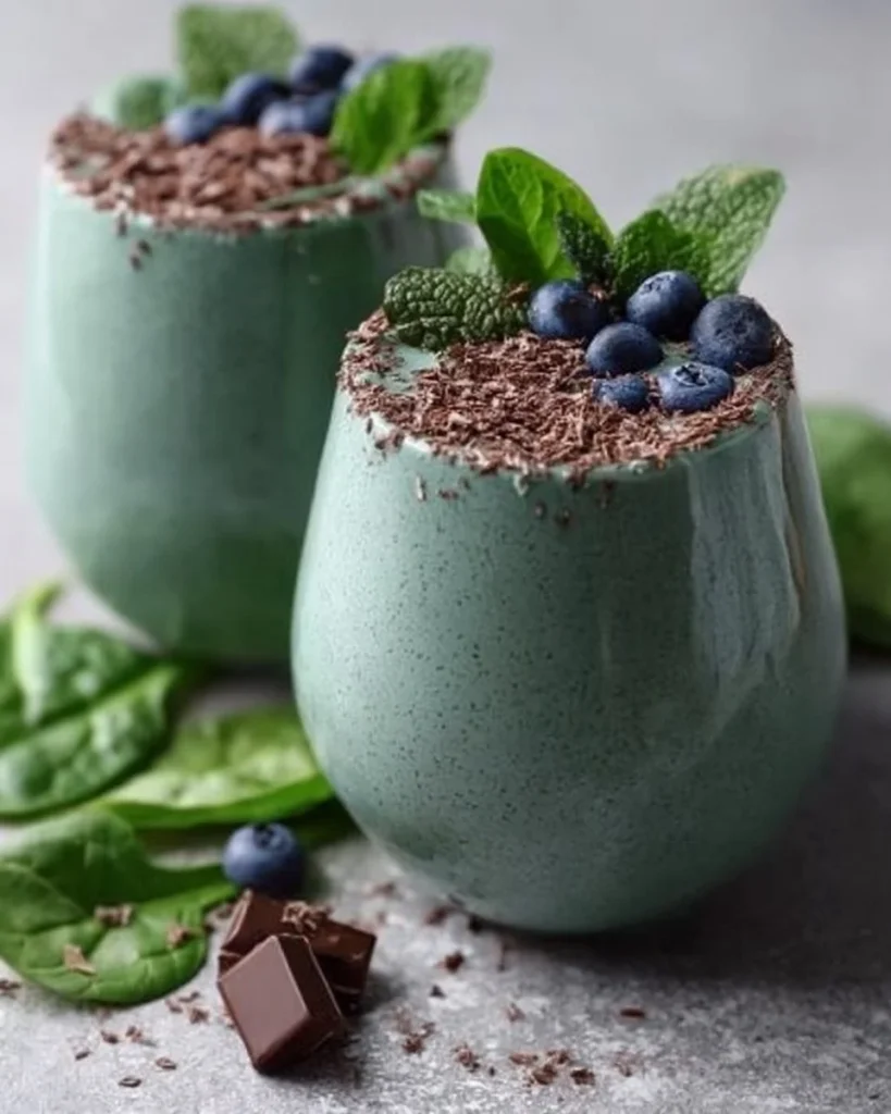 Mint Chip Spirulina Smoothie in a glass topped with mint leaves and chocolate chips