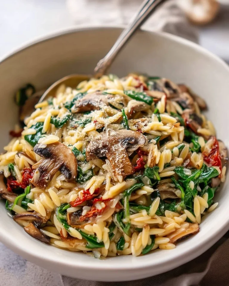 Bowl of Mushroom Spinach Orzo featuring fresh ingredients and vibrant colors.