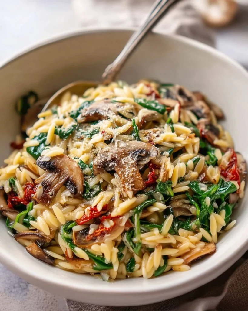 Bowl of Mushroom Spinach Orzo featuring fresh ingredients and vibrant colors.
