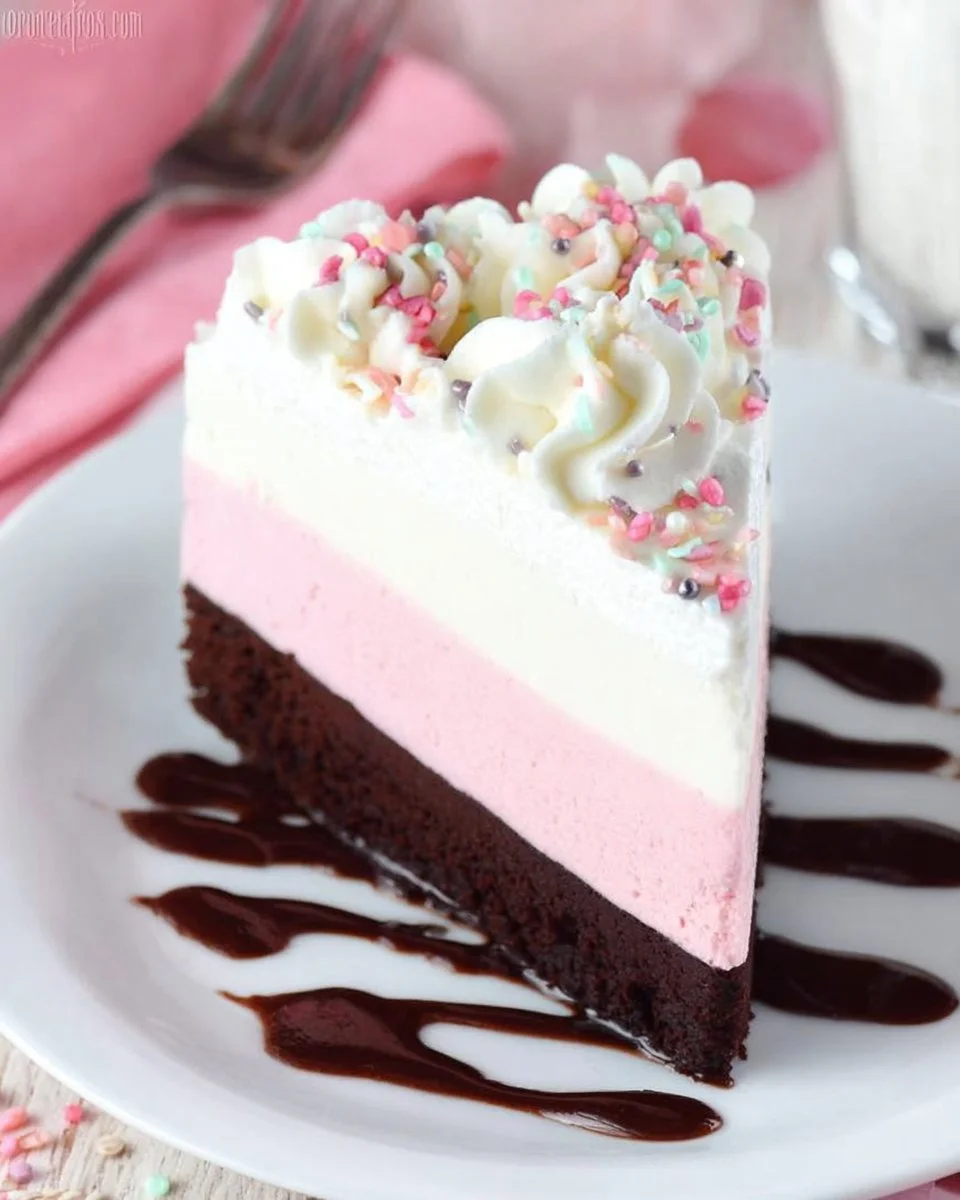 Slice of Neapolitan Ice Cream Cake showcasing chocolate, vanilla, and strawberry layers