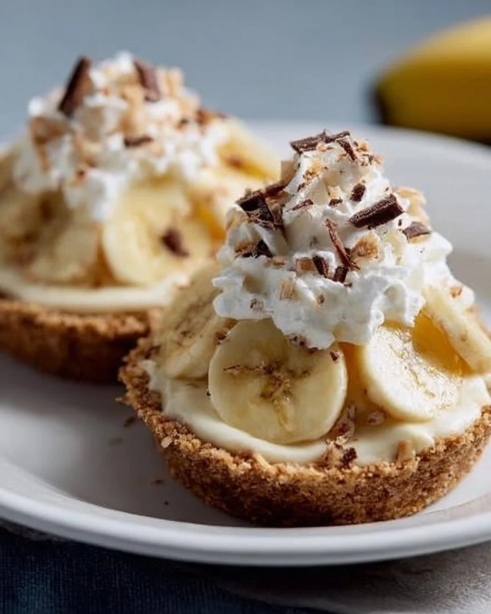 No Bake Banana Cream Pie served with whipped cream and banana slices