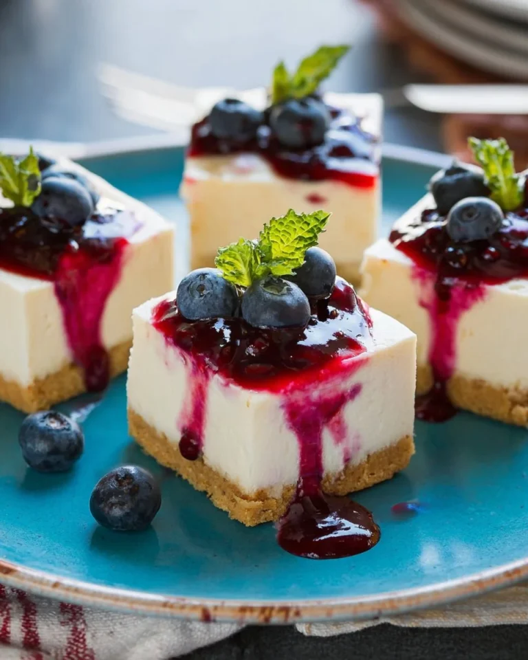 No-bake cheesecake bars with fresh blueberry sauce on a white plate