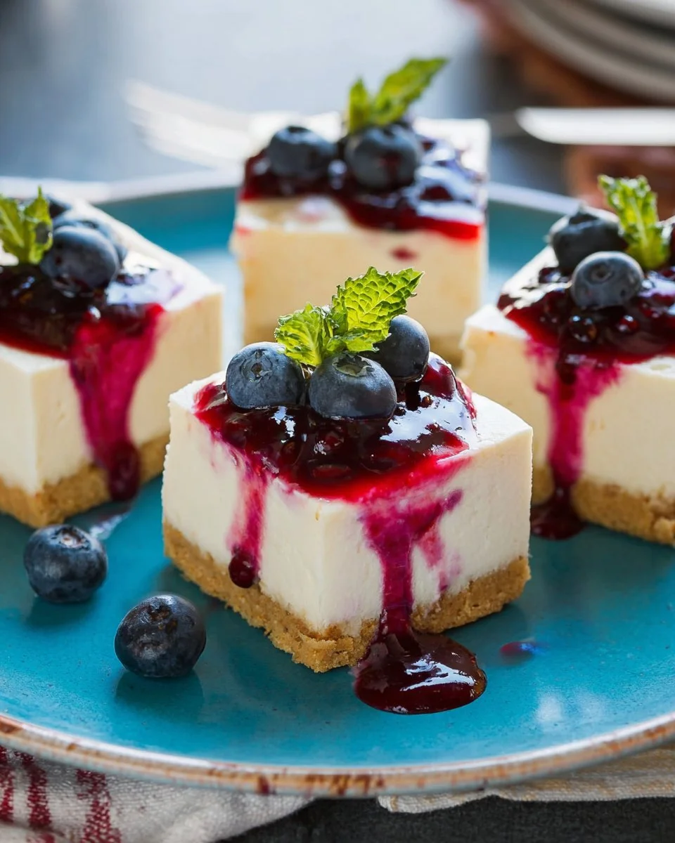 No-bake cheesecake bars with fresh blueberry sauce on a white plate