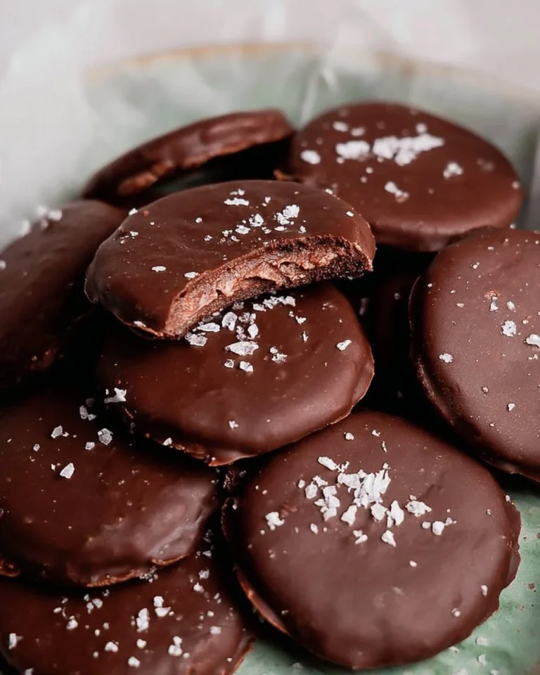 No Bake Thin Mint Cookies on a plate with mint leaves and chocolate drizzle