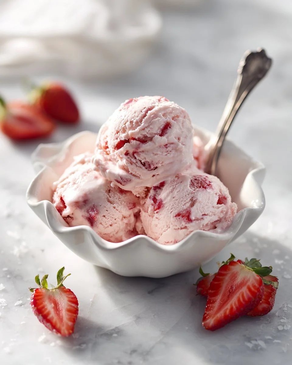 Delicious no-churn strawberry ice cream in a bowl with fresh strawberries