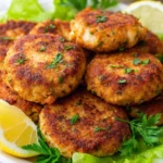 Plate of old-fashioned salmon patties served with lemon wedges