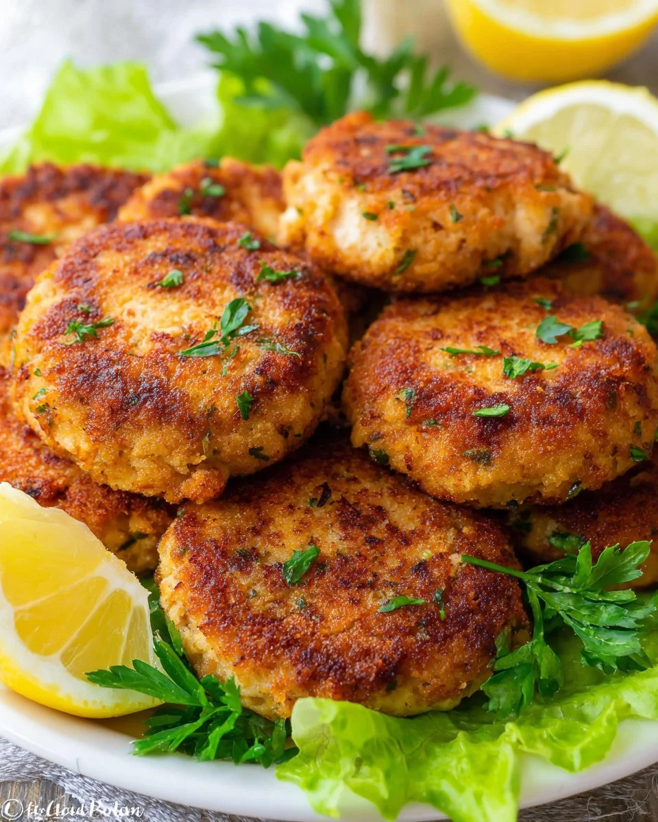 Plate of old-fashioned salmon patties served with lemon wedges