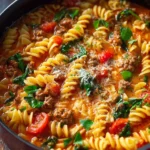 Delicious one-pot pasta soup with ground beef and vegetables ready to serve