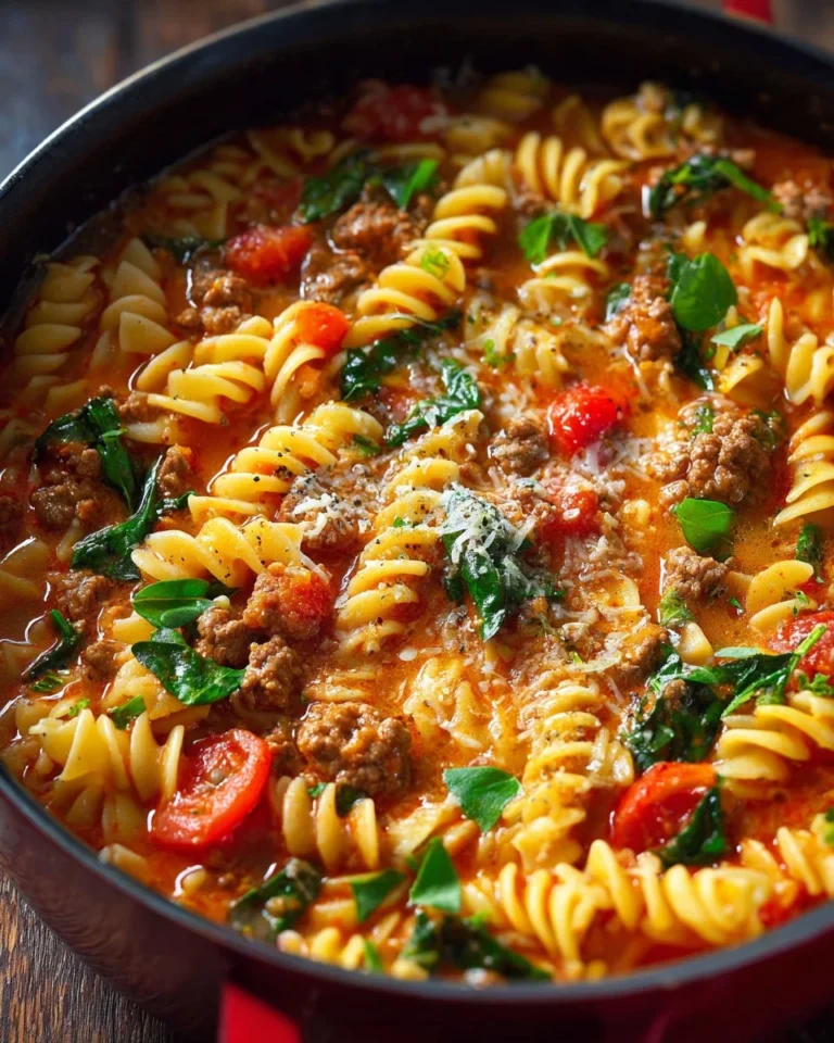 Delicious one-pot pasta soup with ground beef and vegetables ready to serve