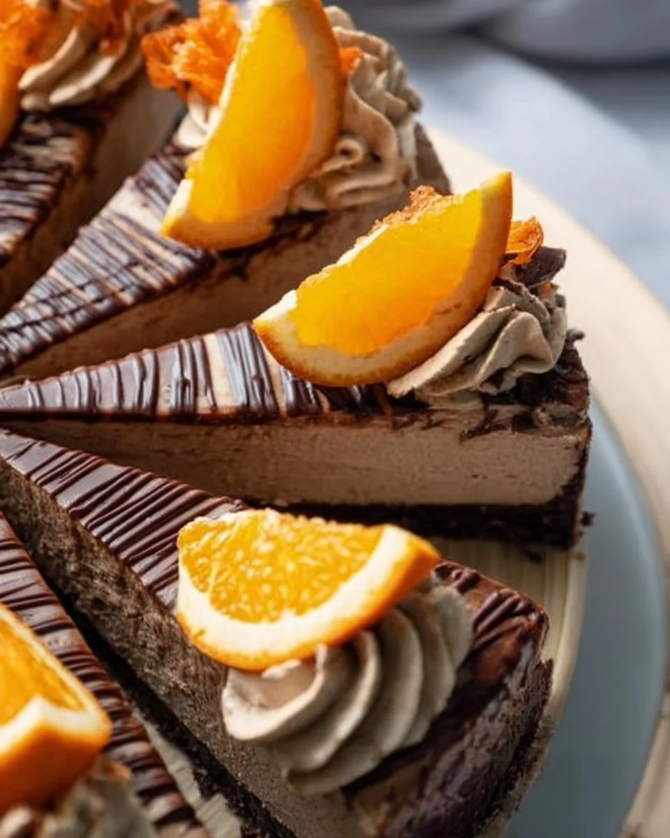 Delicious slice of Orange Chocolate Cheesecake topped with orange zest.