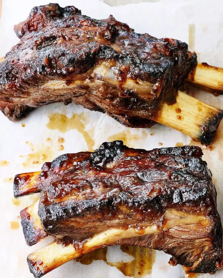 Oven-baked beef back ribs garnished with herbs and spices on a serving platter.